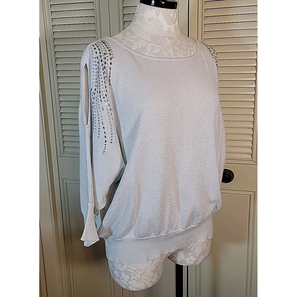 Heritage Charm Silver Cold Shoulder Top Metallic Jewel Embellished Sz XL Petite